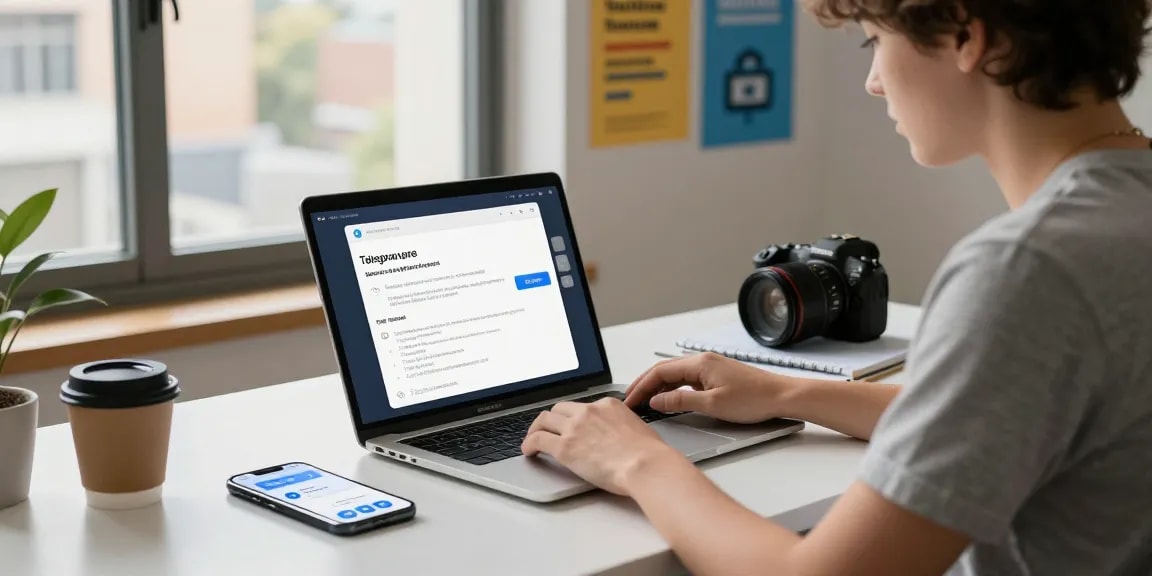 Setting up Telegram Chinese Version in a modern workspace with a laptop, notepad, and smartphone notifications.