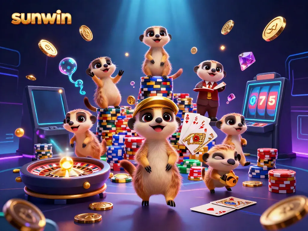 Experience a vibrant scene of meerkats in a sunwin casino, orchestrating thrilling gaming adventures.