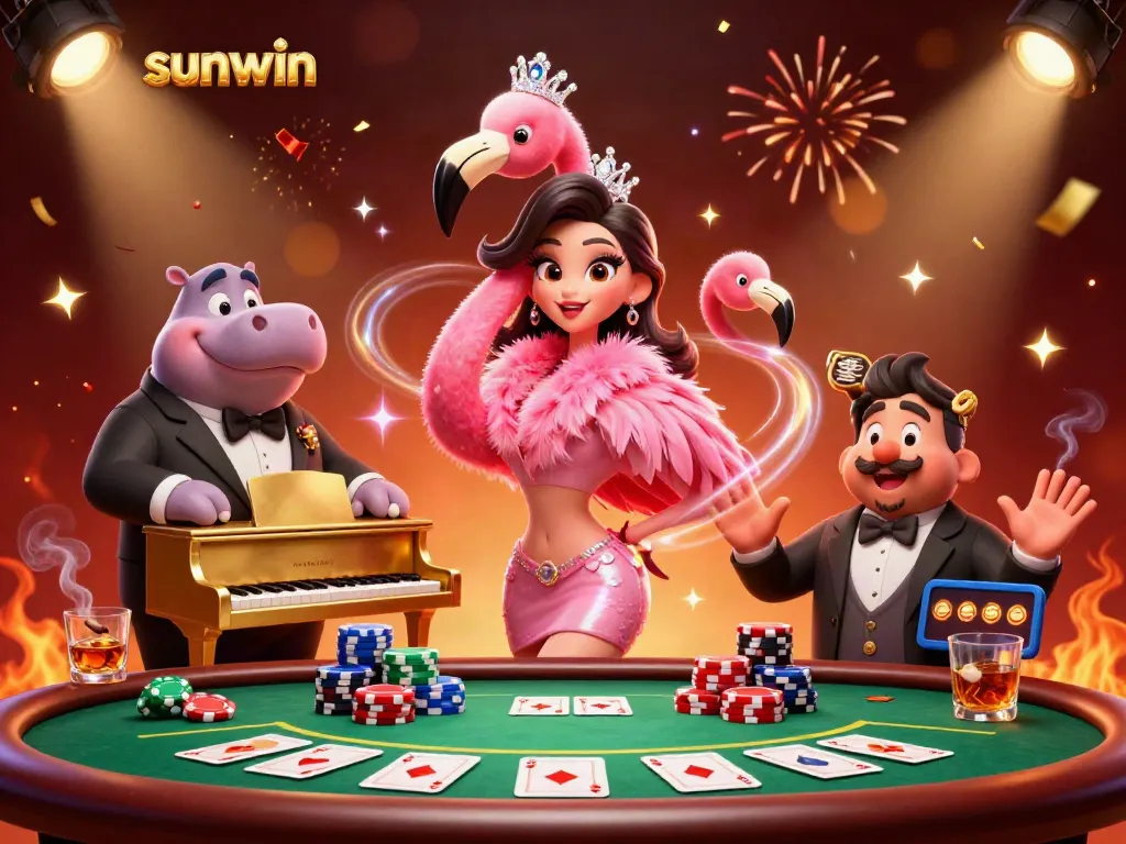 Experience thrilling moments with sunwin in this vibrant casino scene featuring animated characters and poker elements.