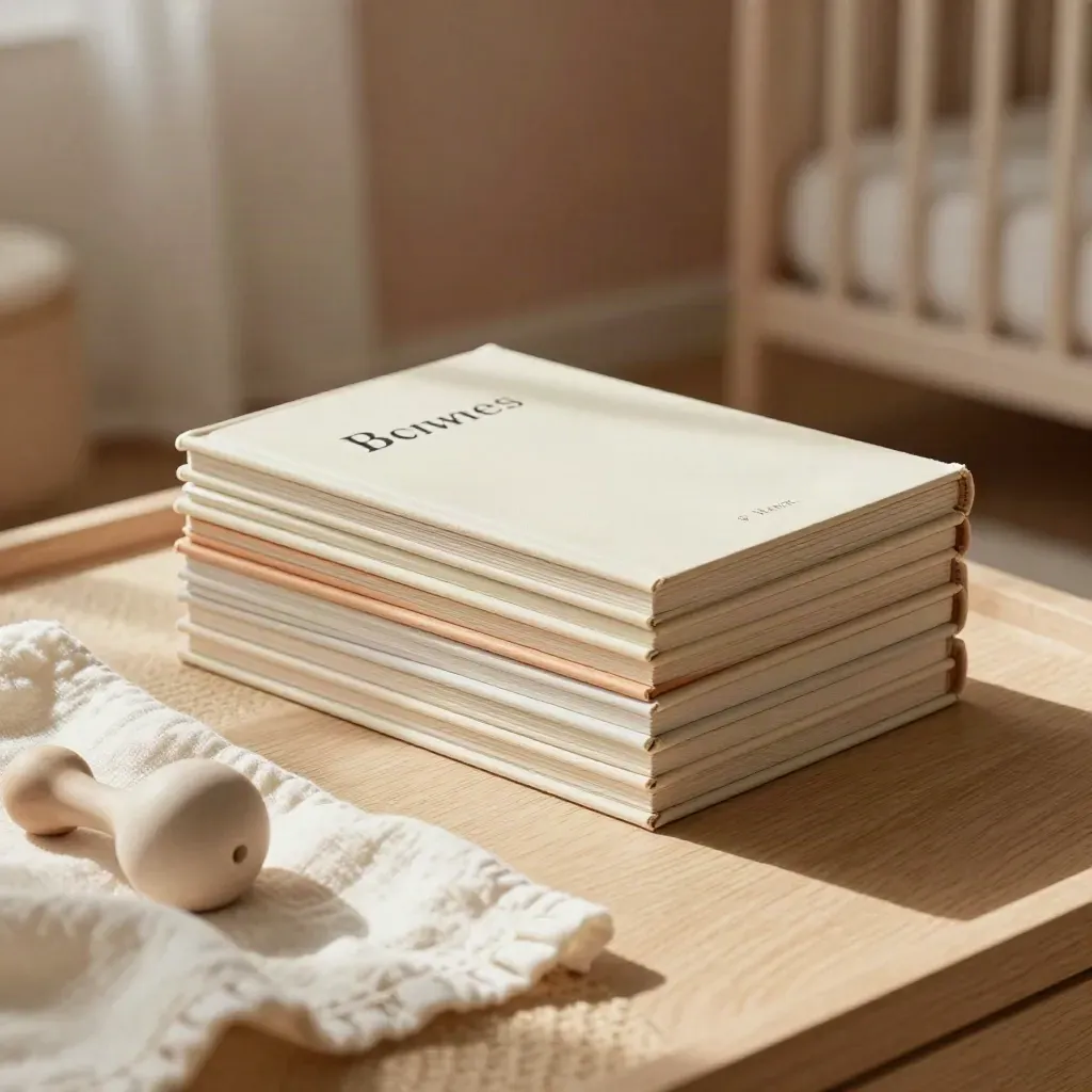 Babynamenboeken, mousseline en een keramische rammelaar in warm ochtendlicht.