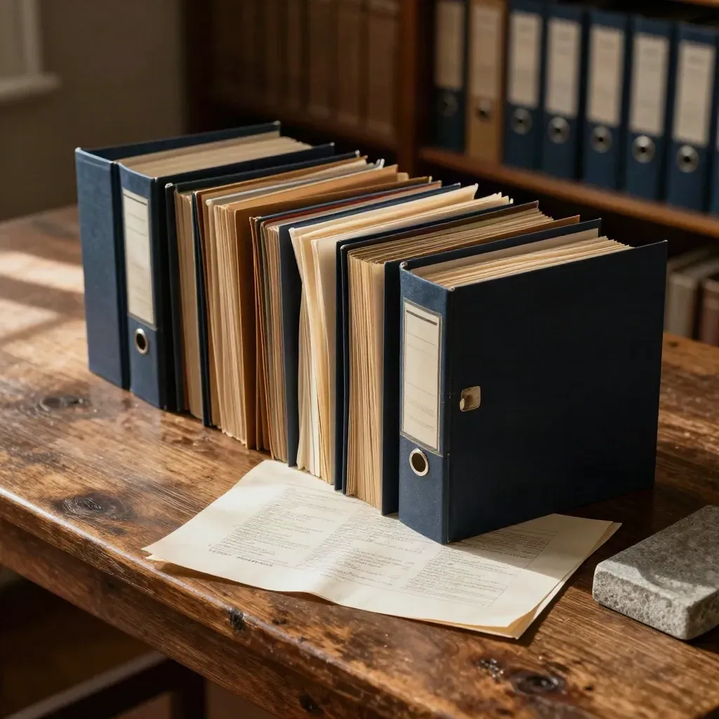 Overzicht van archiefmappen, een stamboomkaart en stenen boeksteun in zacht bibliotheeklicht.