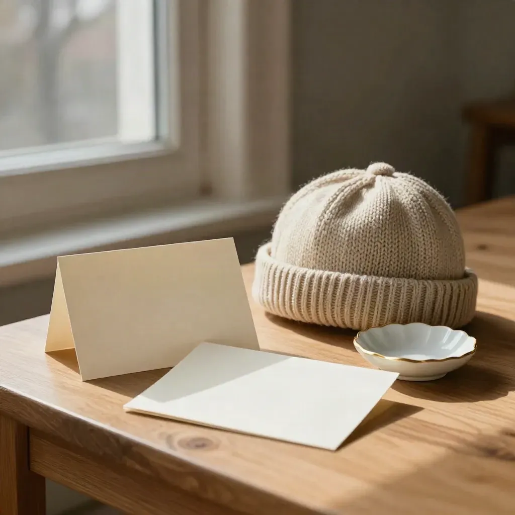 Twee babykaartjes naast een gebreid mutsje en schelpvormig schaaltje in winterlicht.