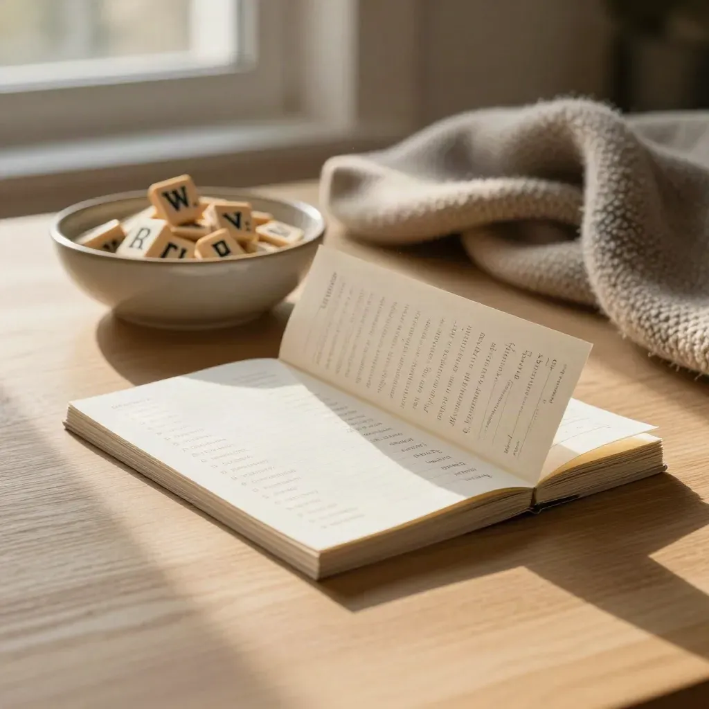 Bowl met lettertegels, baby-namelijst en wollen plaid in warm zonlicht.