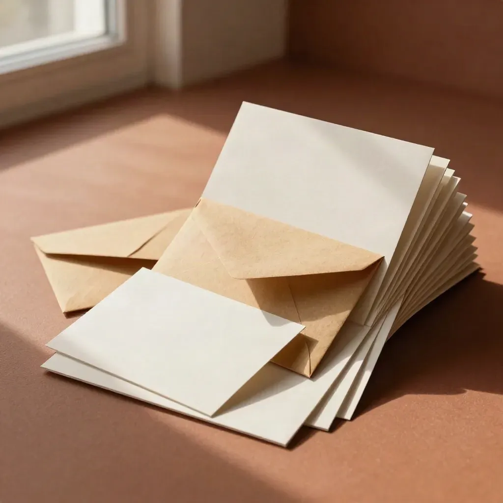 Kraft enveloppen, naamkaarten en verpakkingsborden uitgespreid op een warme studiovloer.