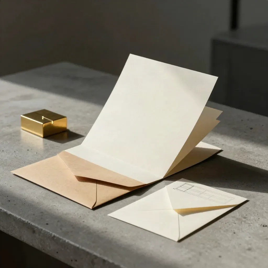 Gebogen papier en mockupkaarten waaien uit boven een concrete werktafel met goudaccent.