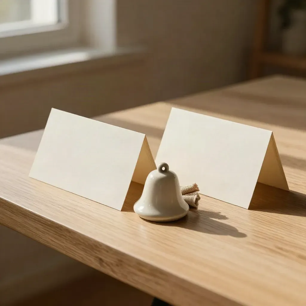 Offwhite naamkaartjes, keramisch belletje en linnen band in warm licht op tafel.