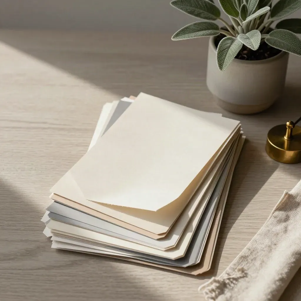 Bovenaanzicht van papieren naamtrend-stalen, plantje en brass paperweight op licht hout.