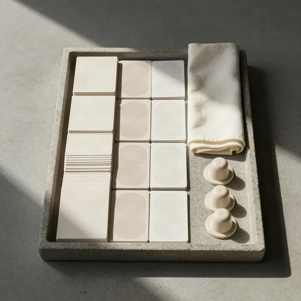 Bovenaanzicht van een stenen tray met filterkaarten, ronde ponsen en twee gevouwen doeken.