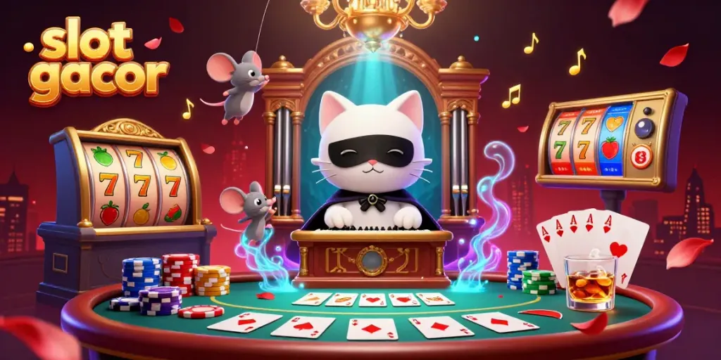 Experience the thrill of slot gacor with a dynamic scene featuring a white cat organist and vibrant casino elements.