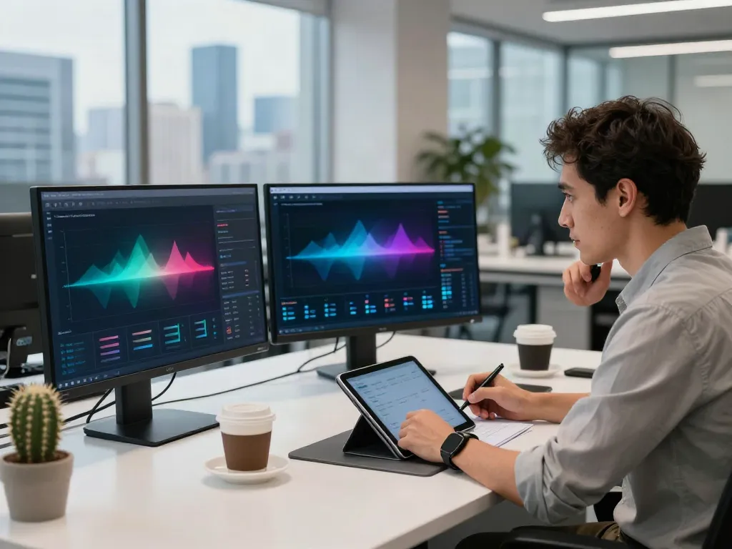 AI visibility tracking pricing analysis at a modern tech workspace with multiple monitors and natural light.