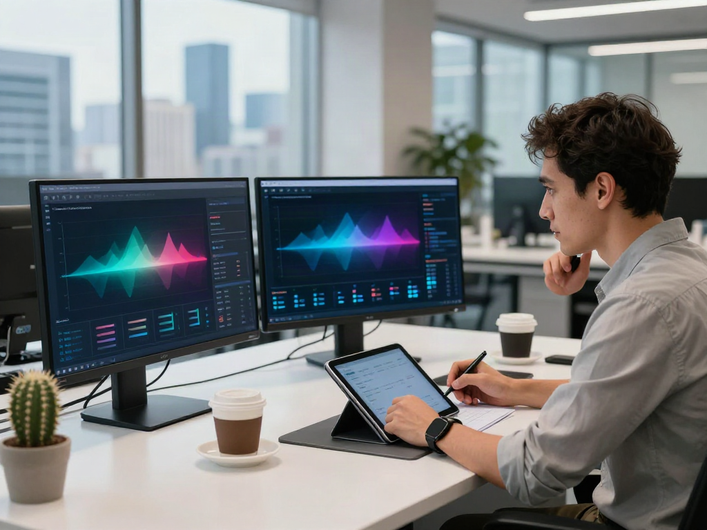AI visibility tracking pricing analysis at a modern tech workspace with multiple monitors and natural light.
