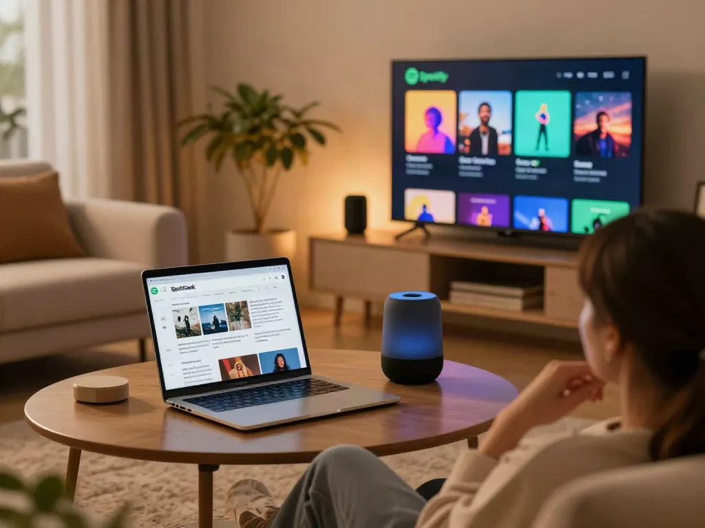 SpotiGeek reveals the latest Spotify features in a cozy living room setup.