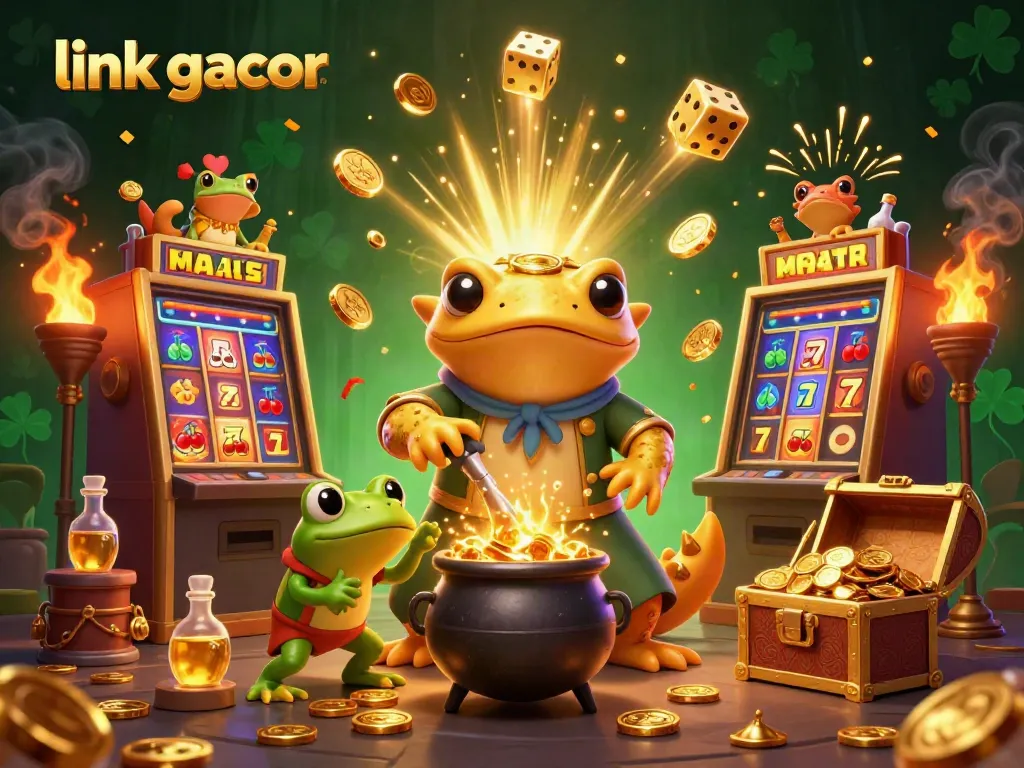 Experience the magic of slots with link gacor in this vibrant 3D illustration filled with alchemical gold and jackpot excitement.