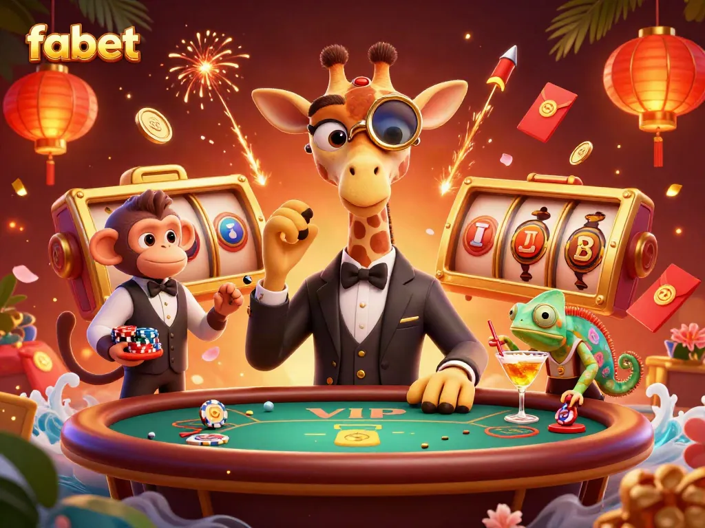 Experience the excitement of fabet with a vibrant 3D casino scene featuring a giraffe and a monkey at a poker table.