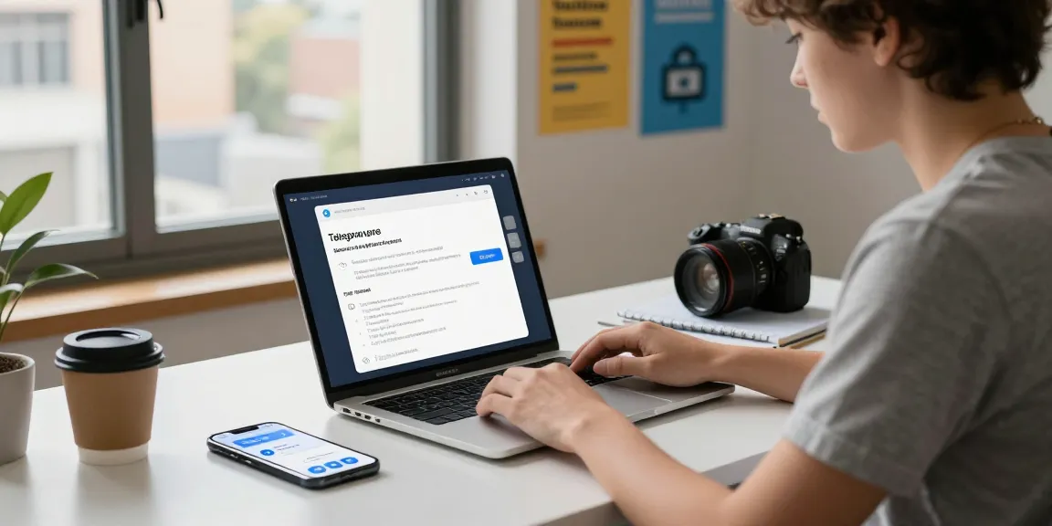 Setting up Telegram Chinese Version in a modern workspace with a laptop, notepad, and smartphone notifications.