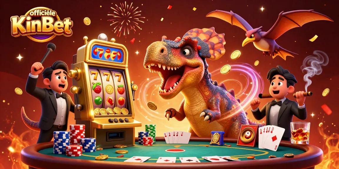 Jackpot celebration with officiële KinBet characters as coins and confetti rain down.